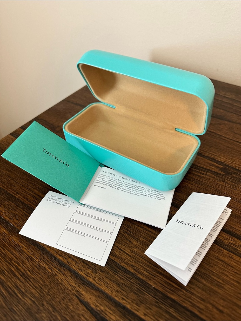 Tiffany & Co. Turquoise EyeGlass Case with Tan Interior